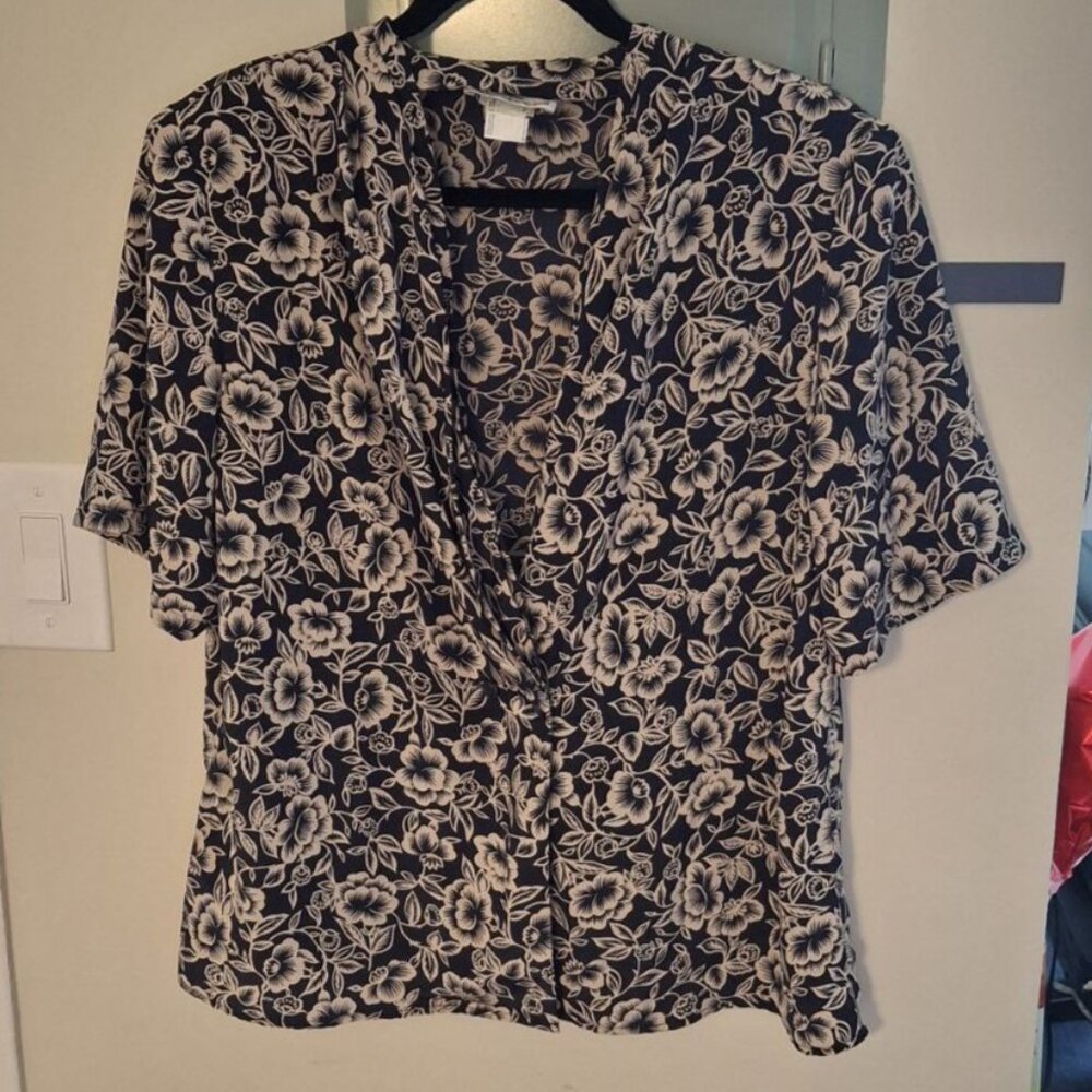 RARE Vintage Braemar by Jeremy Scott 100% Polyester Blouse Floral B&W 14